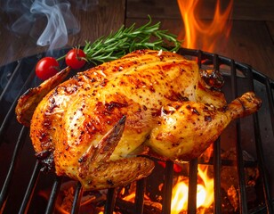 Whole roasted bird on a grill with flames and smoke
