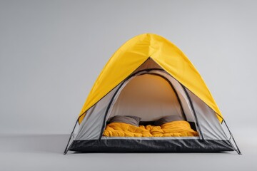 Front view of a bright yellow camping tent