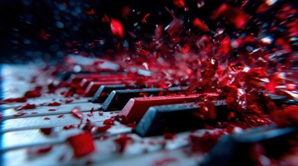 A dynamic image shows vivid red shards exploding above black piano keys, symbolizing the powerful emotions associated with music and creativity in an abstract manner.
