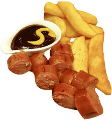 sausage and french fries isolated on white background