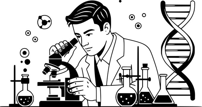 Geneticist man researching DNA in laboratory with microscope vector icon
