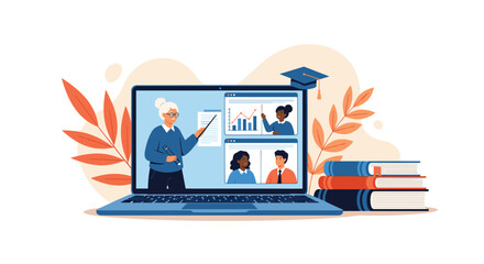 Naklejka premium Online education concept featuring a laptop screen with a virtual classroom where a teacher presents data to students during a remote lesson.