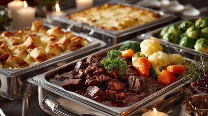 冬の拡張メニューとして赤ワイン煮と三種グラタンを同構図で配置し、温かな室内光で撮影