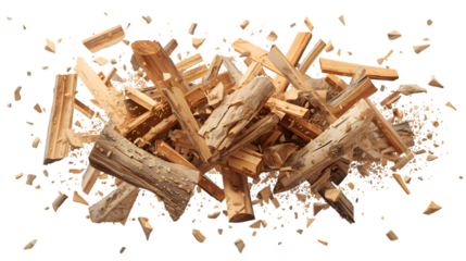 Exploding Wood Chips: A dynamic, eye-level shot captures a scatter of timber, their surfaces bearing the textures of rough edges and natural grain. Perfect for design projects.
