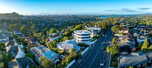 Aerial view of Remuera, Auckland, New Zealand, showcasing residential homes and a modern apartment building. The city skyline is visible in the distance, highlighting urban development. © Stefan