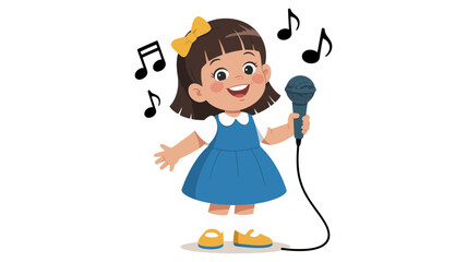 Happy little girl with a microphone singing cheerfully surrounded by musical notes