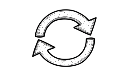 Circular loop arrow drawn by hand, rough sketch style, marker pen texture, repeat or refresh symbol, isolated PNG on transparent background