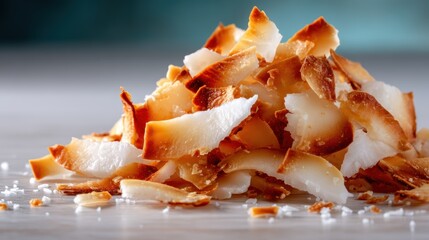 A tantalizing stack of toasted coconut flakes sits invitingly on a clean surface, offering a delightful glimpse into tropical flavors and natural sweetness in food preparation.
