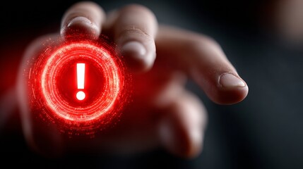 Urgent alert! Finger hovering over glowing red digital warning symbol with futuristic interface and binary code details