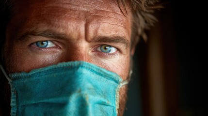 This portrait displays a man wearing a turquoise mask, emphasizing the piercing blue eyes that reflect depth and emotion, illustrating the human experience during challenging times.