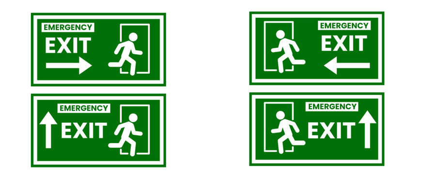 Exit Sign. Fire Exit Sign. A clear green emergency exit sign featuring a white running person icon, the word 'EXIT', and a right-pointing arrow, indicating a safe egress route.