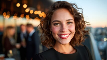 A joyful woman in a fashionable black outfit flashes a bright smile against a picturesque city skyline during sunset, capturing the essence of happiness and vibrant social gatherings.