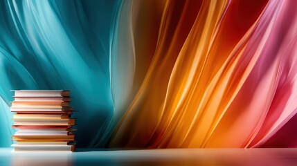An artistic abstract composition featuring stacks of books against a backdrop of swirling vibrant colors, symbolizing knowledge, creativity, and the pursuit of learning through art.