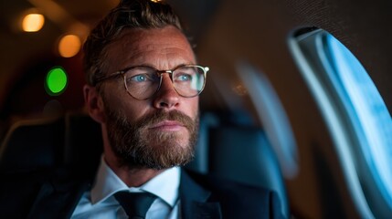 A stylish man in a tailored suit gazes thoughtfully out of a private jet window, representing success, contemplation, and the luxurious lifestyle combined with the solitude of travel.