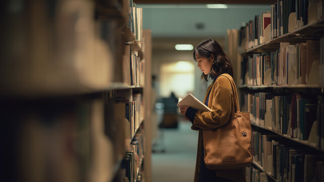女性が大学図書館の棚前で革トートからノートを取り出す静かな学びの瞬間