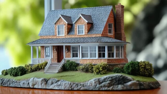 Miniature model of a classic American shingle house with a porch and garden.
