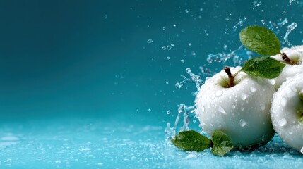 A collection of fresh green apples is artistically splashed with water, conveying a sense of refreshment and vitality in a visually appealing manner.