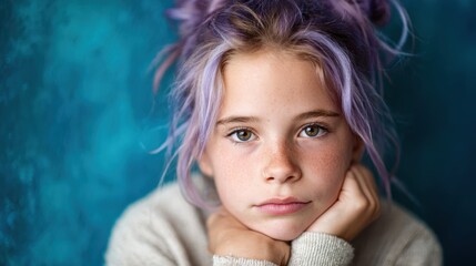 A close-up portrait of a thoughtful young girl with purple hair, resting her chin on her hands against a vibrant blue background, evoking feelings of introspection and curiosity.