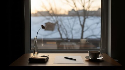Minimalist desk workspace with blank paper notebook coffee cup and dried flower vase by winter window view