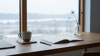 Minimalist workspace with coffee mug notebook pen and dandelion flower on wooden desk by window overlooking snowy winter landscape