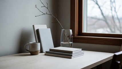 Minimalist wooden desk workspace with stacked books coffee mug and glass vase by window with natural light
