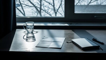 Minimalist workspace with glass mug envelope notebook and pen on wooden desk by winter window with bare tree branches visible outside