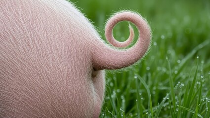 Pink pig tail curled in perfect spiral close up macro shot on green grass with morning dew drops outdoor farm setting
