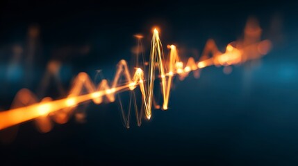 A stylized, abstract visualization of a glowing, golden waveform against a dark blue and black background. The image has a blur effect