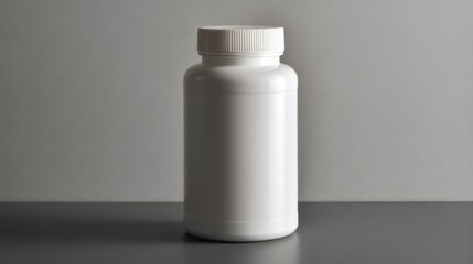 A white plastic bottle with a screw-on lid stands on a gray surface,