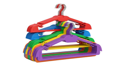 Colorful plastic clothes hangers stacked isolated on transparent background
