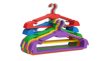 Colorful plastic clothes hangers stacked isolated on transparent background