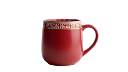 Red ceramic mug with decorative band and steam rising earthenware image