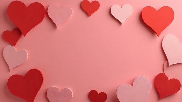 pink background with scattered red hearts minimal valentine flat lay