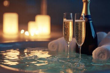 Elegant and relaxing moment with champagne and candles in a luxurious hot tub at night