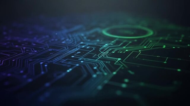 Futuristic circuit board with neon green and blue glowing lines