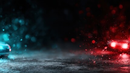 A captivating abstract image featuring dynamic red and blue lighting effects, creating an atmosphere of tension and creativity in an artistic setting.