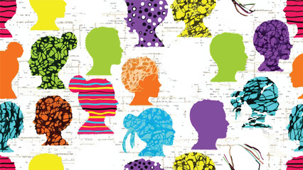 Pattern of Multicultural Children Head Silhouettes with Vibrant Textures isolated PNG with Transparent Background