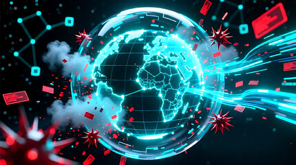 digital global world background with shield and lock for security