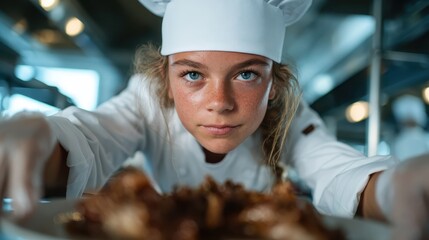 A young chef in a professional kitchen focuses intently on her dish, showcasing determination and passion for culinary arts, framed by the bustling environment around her.
