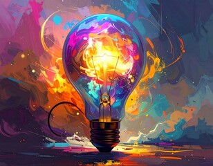 Vivid illustration of a light bulb filled with exploding colors