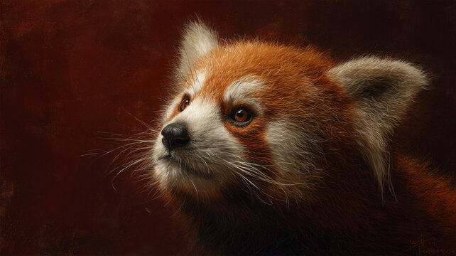深いワイン色の背景でレッサーパンダのやさしい横顔を丁寧に撮影