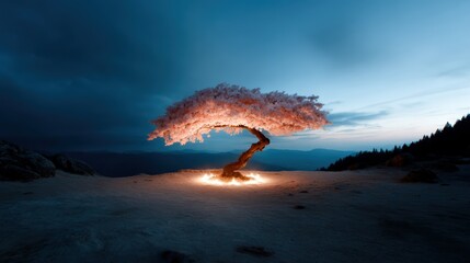 Obraz premium A stunning, solitary tree illuminated with warm light against a twilight sky, evoking feelings of solitude, beauty, and the grandeur of nature's peaceful moments.