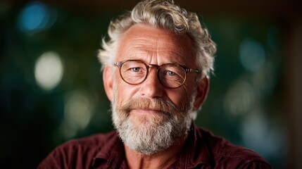 An older man with a well-groomed beard and glasses gazes warmly at the camera, inviting a feeling of comfort and approachable wisdom in a softly lit environment.
