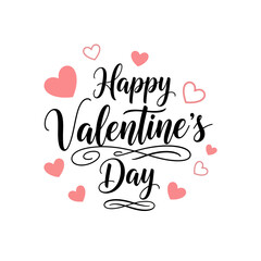 Simple Happy Valentine's Day typography surrounded by small red hearts