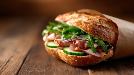 An appetizing sandwich lies on a rustic wooden table, showcasing layers of fresh greens, ham, and vegetables, inviting anyone who sees it to indulge in this tasty, wholesome meal.