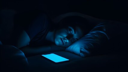 A person sleeps in a dark room, their face illuminated by the bright blue light from a smartphone resting nearby, illustrating screen addiction, disrupted sleep patterns, and the negative consequence
