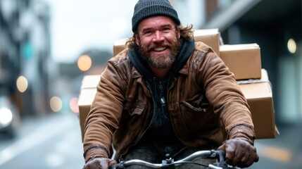 A joyful delivery person rides a bicycle with boxes strapped on while navigating an urban street, showcasing the hustle and energy of city life combined with a sense of purpose.