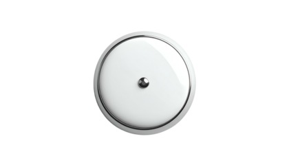 Small, round white device with silver ring and centered button, isolated on black