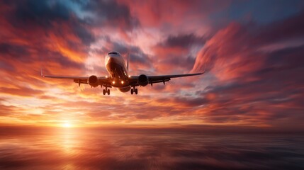 A stunning image of an airplane flying towards a vibrant sunset, capturing the beauty of travel and adventure in the sky with a dynamic range of colors.