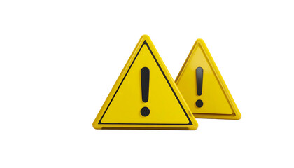 Two yellow, triangular hazard signs with exclamation points on black